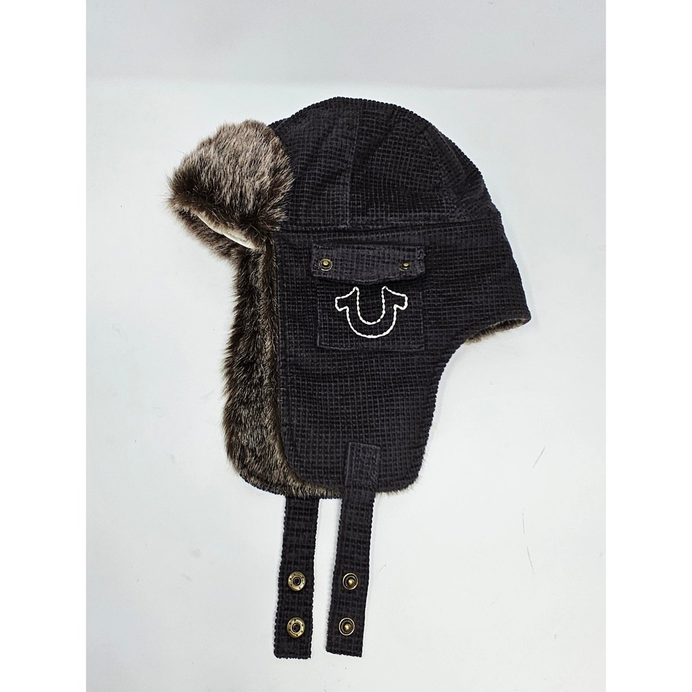 True Religion Trapper Hat Mens Aviator NEW Faux Fur Corduroy Gray Ear Flaps